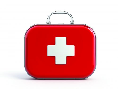 first aid box, red with white cross in middle